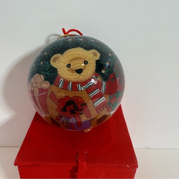 Christmas House Hand Painted Large Glass Ornament Teddy Bear Red Box - Picture 3 of 6
